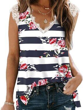 V Neck Lace Tank Tops Sleeveless Shirt - XXL